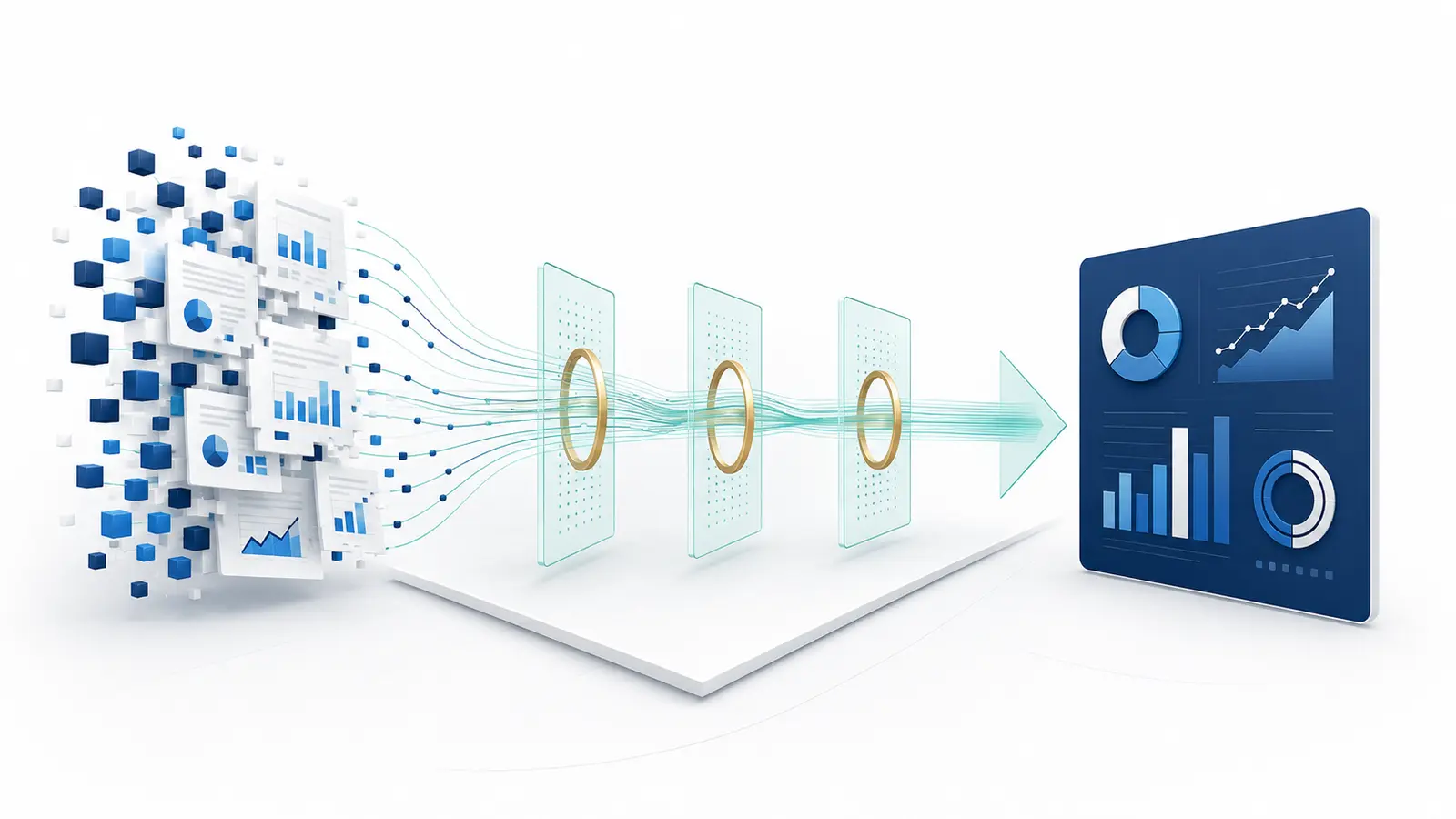 Financial reporting improvement infographic transforming fragmented data into controlled executive reporting